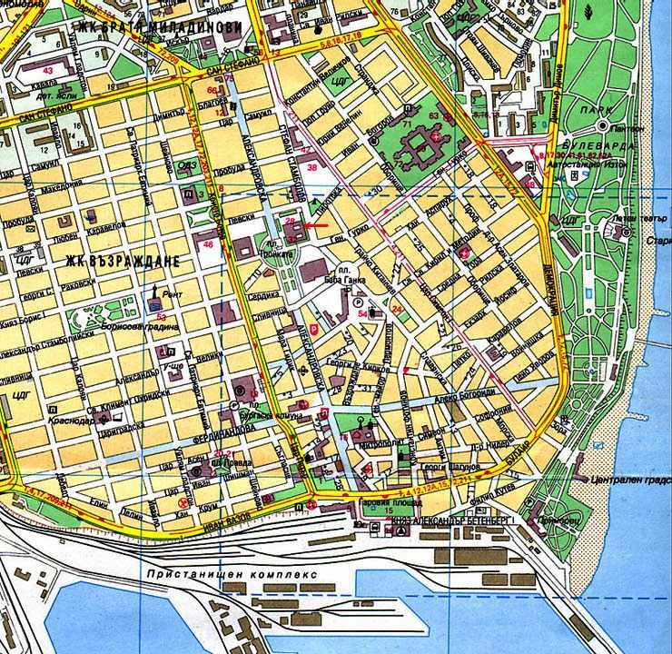 Подробная карта Город Бургас на русском языке с отмеченными достопримечательностями города. Бургас со спутника