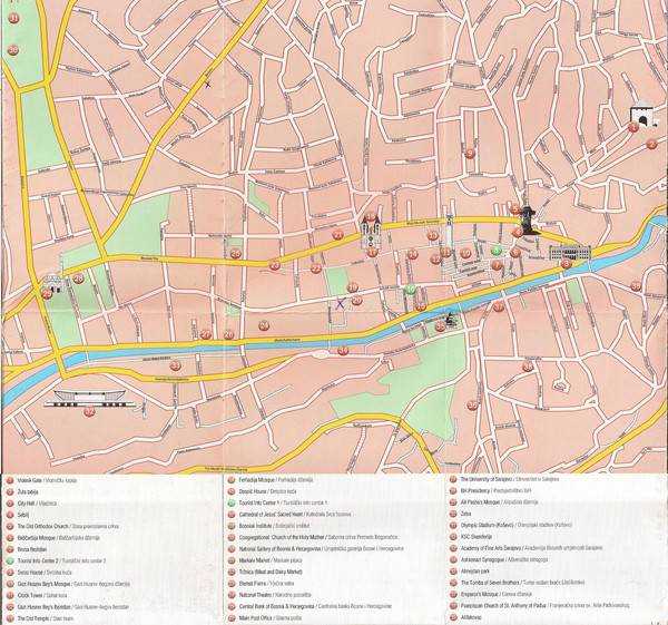 Подробная карта Сараево на русском языке с отмеченными достопримечательностями города. Сараево со спутника