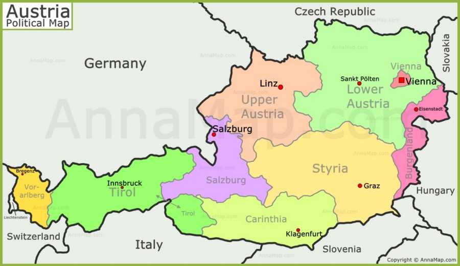 Австрия на карте мира на русском языке с городами подробно