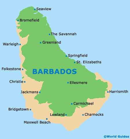 Подробная карта Барбадоса с отмеченными городами и достопримечательностями страны. Географическая карта. Барбадос со спутника