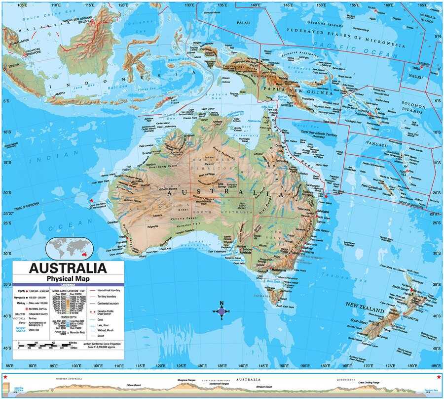 Подробная карта Австралии с отмеченными городами и достопримечательностями страны Географическая карта Австралия со спутника