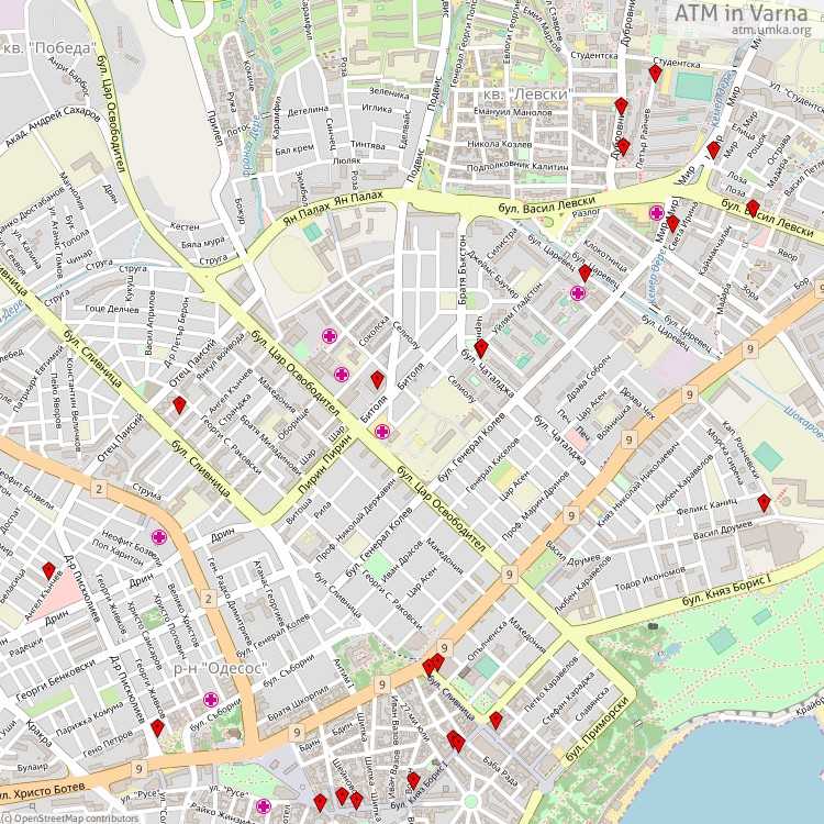 Подробная карта Варны на русском языке с отмеченными достопримечательностями города. Варна со спутника
