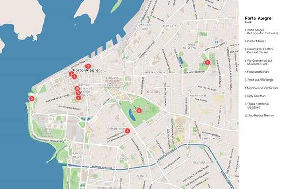 Подробная карта Порту-Алегри на русском языке с отмеченными достопримечательностями города. Порту-Алегри со спутника