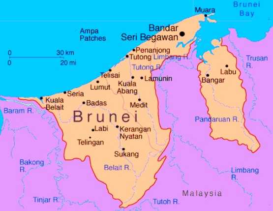 Подробная карта Брунея с отмеченными городами и достопримечательностями страны. Географическая карта. Бруней со спутника
