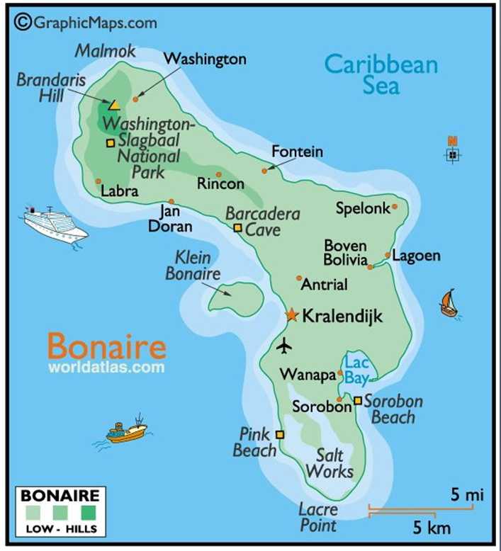 Подробная карта Бонэйра с отмеченными городами и достопримечательностями страны. Географическая карта. Бонэйр со спутника