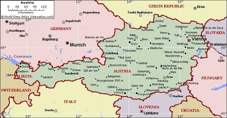 Австрия на карте мира (карта австрии на русском языке)