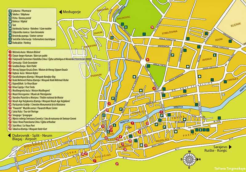 Подробная карта Мостара на русском языке с отмеченными достопримечательностями города. Мостар со спутника