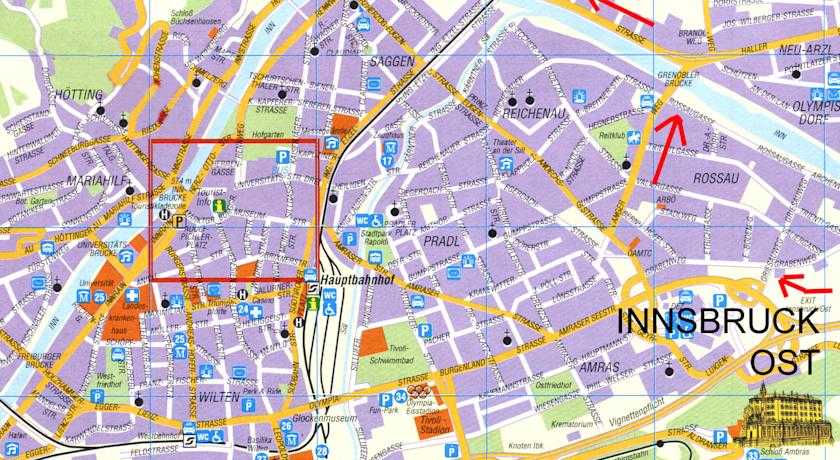 Подробная карта Инсбрука на русском языке с отмеченными достопримечательностями города Инсбрук со спутника