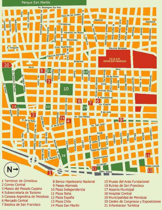 Подробная карта Мендосы на русском языке с отмеченными достопримечательностями города Мендоса со спутника