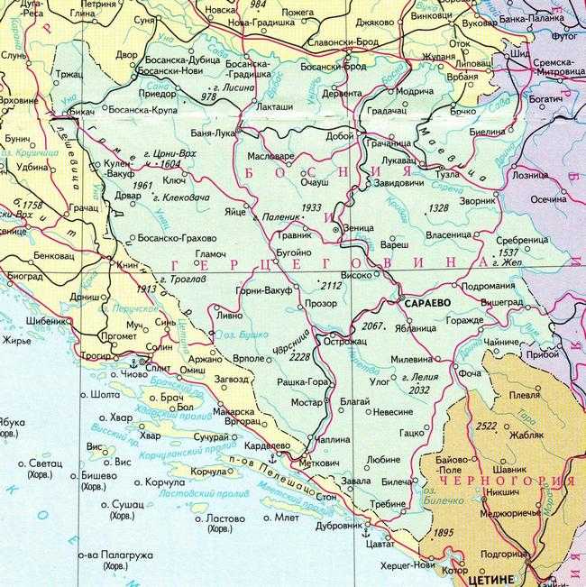 Подробная карта Боснии и Герцеговины с отмеченными городами и достопримечательностями страны. Географическая карта. Босния и Герцеговина со спутника