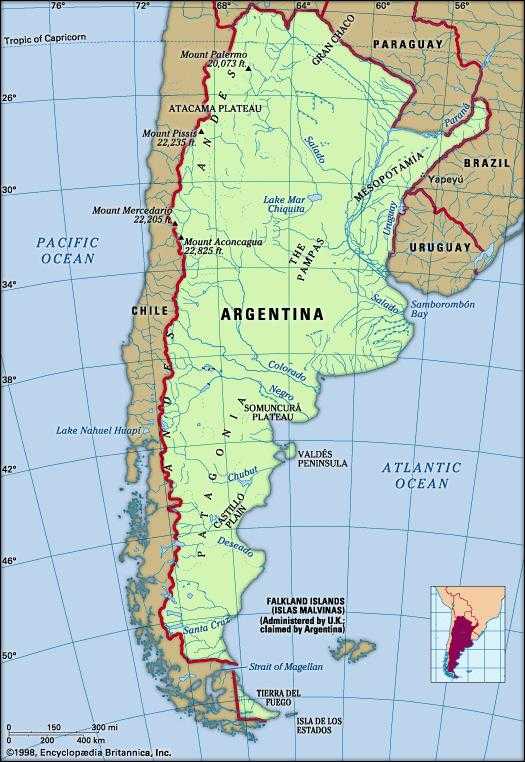 Расположение аргентины на карте мира:граница и площадь страны