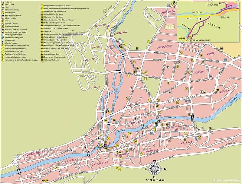 Подробная карта Бихача на русском языке с отмеченными достопримечательностями города. Бихач со спутника