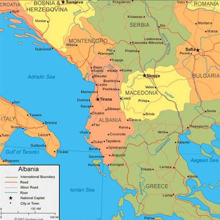 Подробная карта Албании с отмеченными городами и достопримечательностями страны Географическая карта Албания со спутника