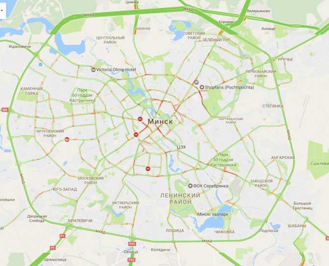 Подробная карта Минска на русском языке с отмеченными достопримечательностями города. Минск со спутника