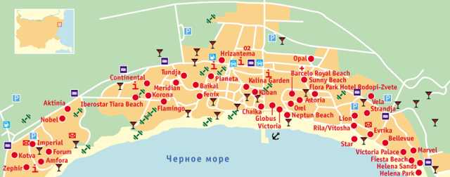 Подробная карта солнечного берега на русском языке, карта солнечного берега с достопримечательностями и отелями