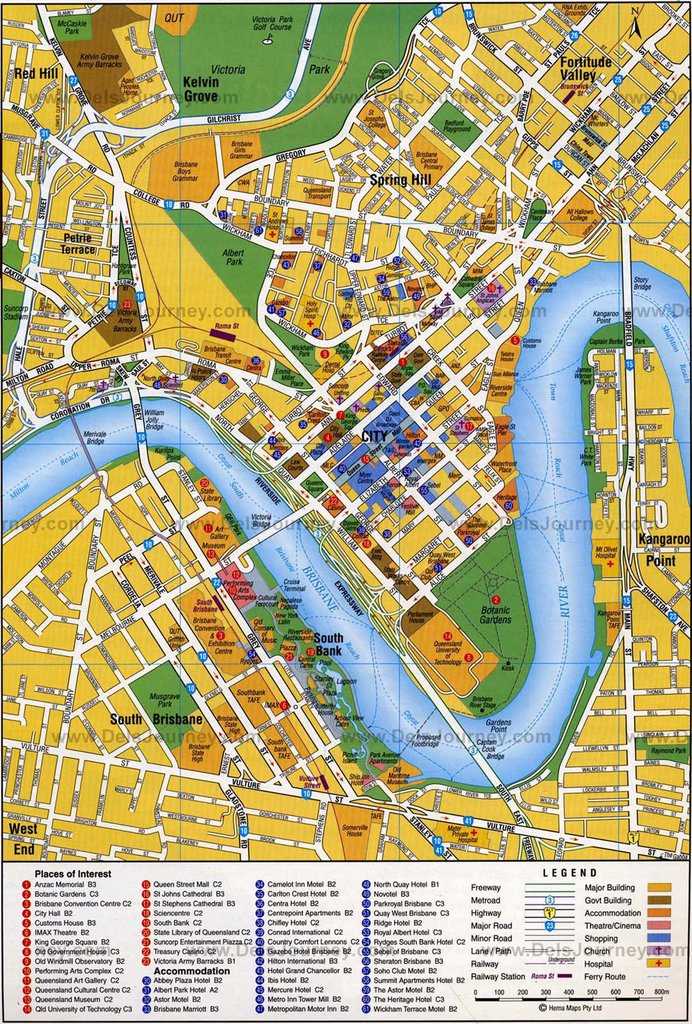Подробная карта Брисбена на русском языке с отмеченными достопримечательностями города Брисбен со спутника