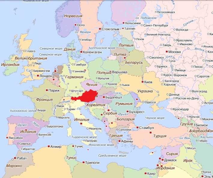 Австрия на карте мира на русском языке с городами подробно