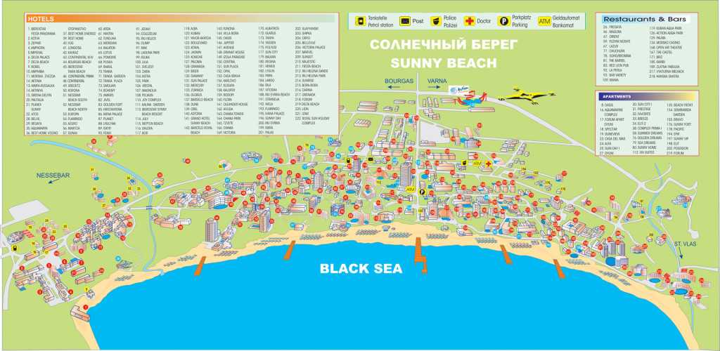 Карты солнечного берега (болгария). подробная карта солнечного берега на русском языке с отелями и достопримечательностями