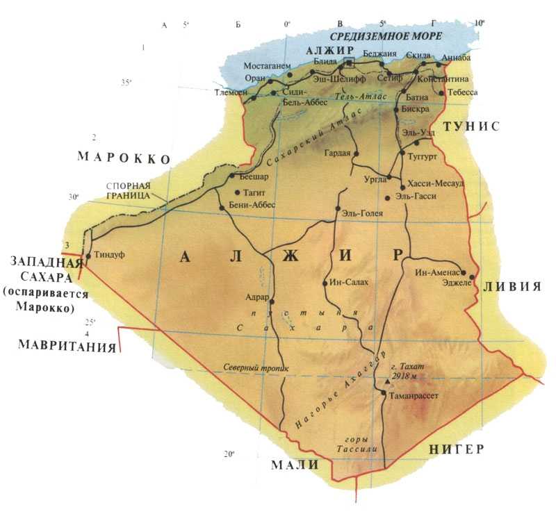 Подробная карта Алжира с отмеченными городами и достопримечательностями страны Географическая карта Алжир со спутника